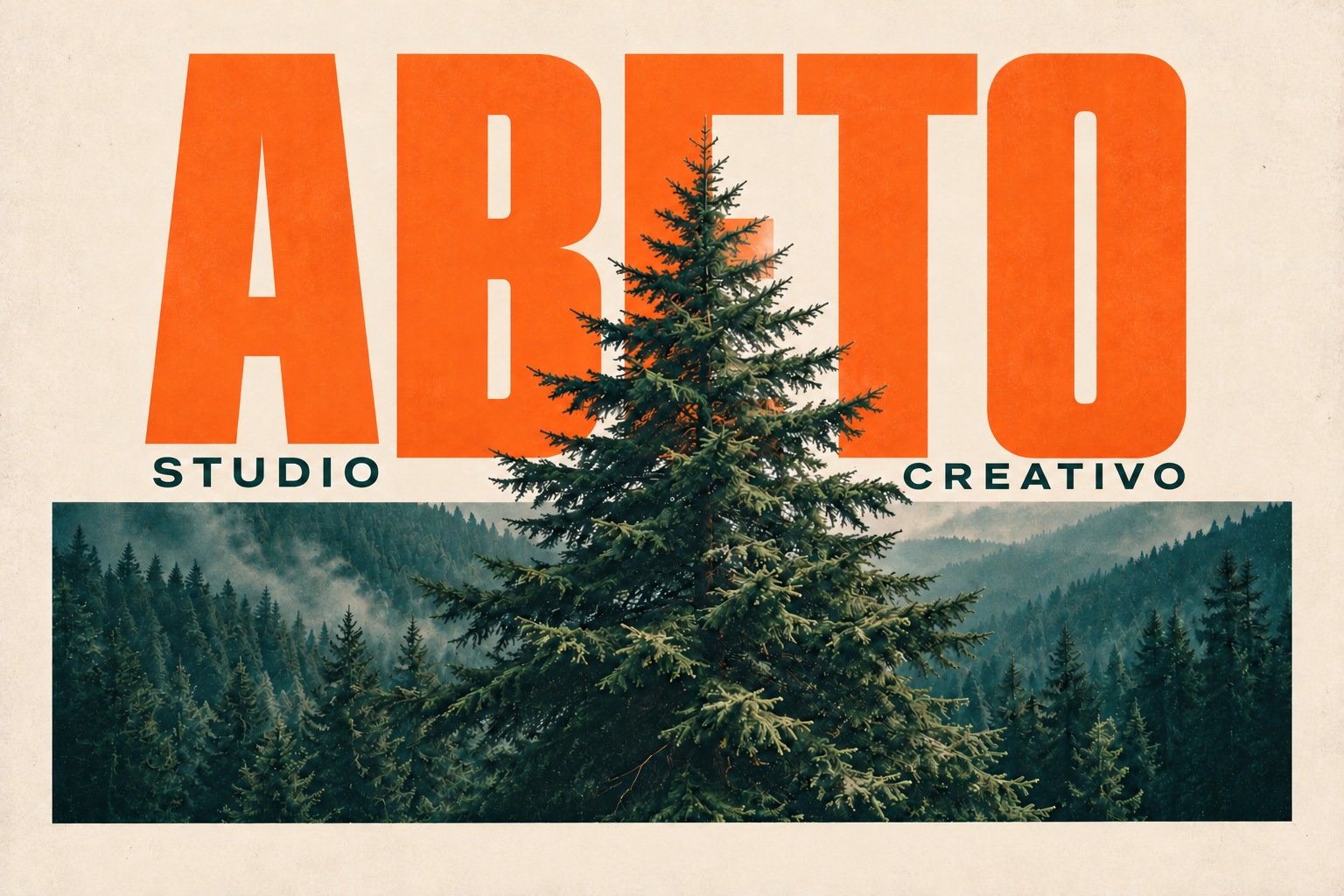 Abeto Studio Creativo: un abeto atraviesa grandes letras naranjas, con STUDIO a la izquierda y CREATIVO bajo la T y la O.