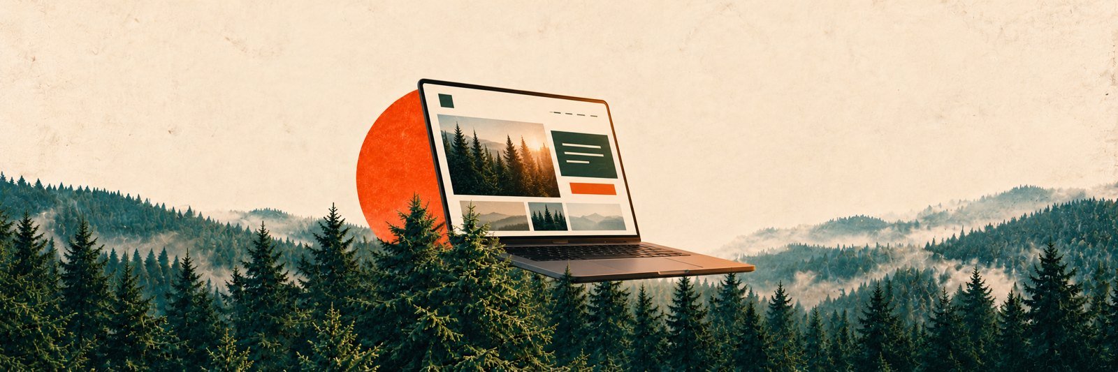 Notebook con una composición de sitio web, suspendida entre abetos sobre papel crema.