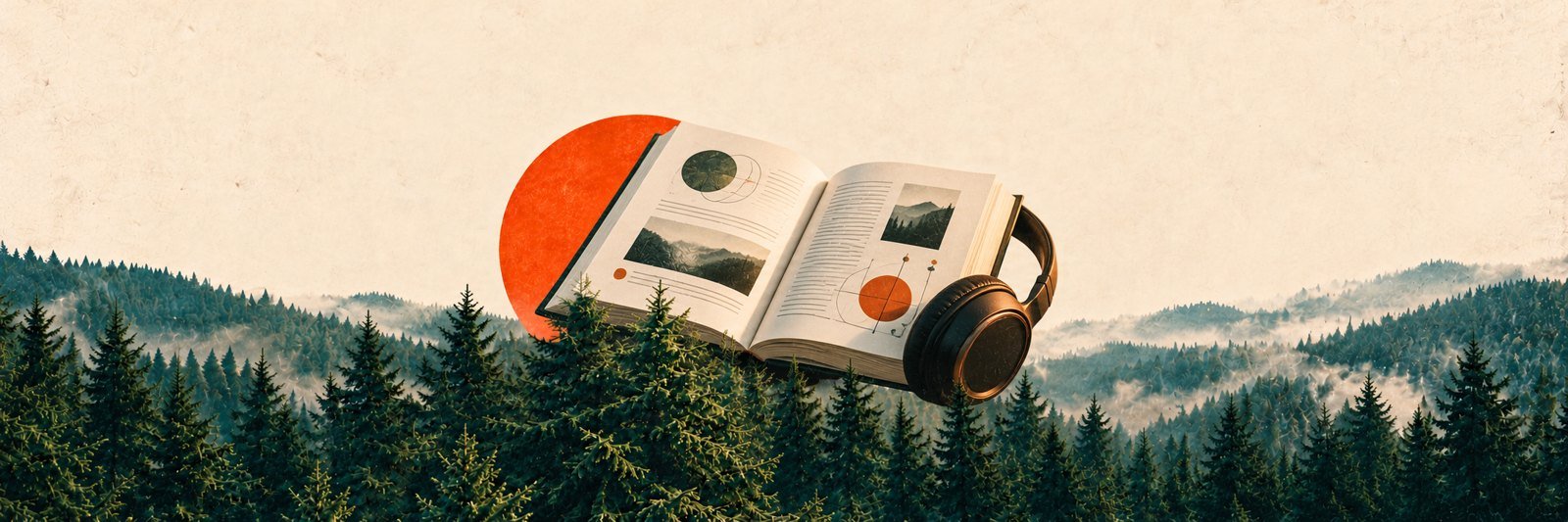 Libro abierto con auriculares entre abetos como referencia a capacitación y aprendizaje digital.