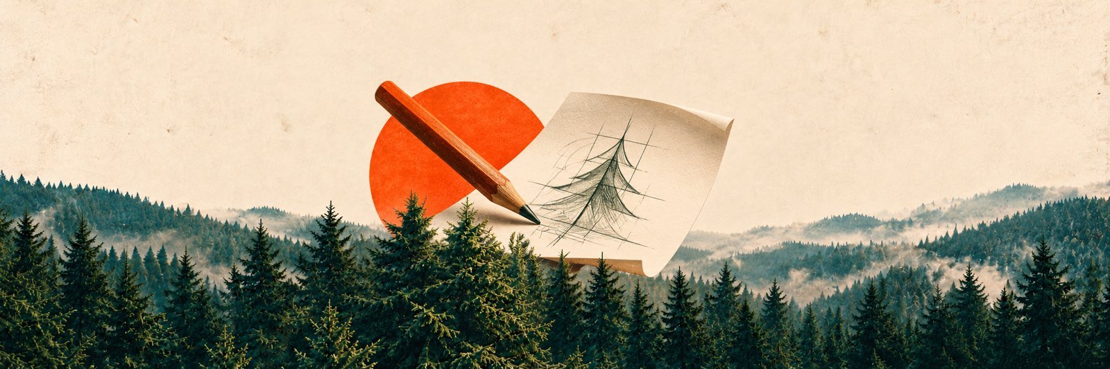 Lápiz naranja y boceto de un abeto sobre papel, flotando sobre un bosque de abetos.